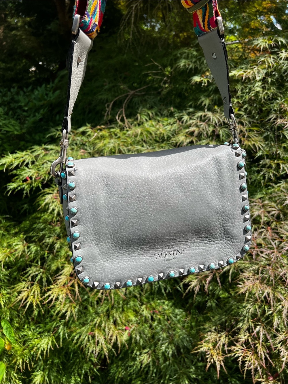 VALENTINO GARAVANI GUITAR ROCKSTUD ROLLING TURQUOISE STUDDED GRAY CROSSBODY BAG - Picture 5 of 17